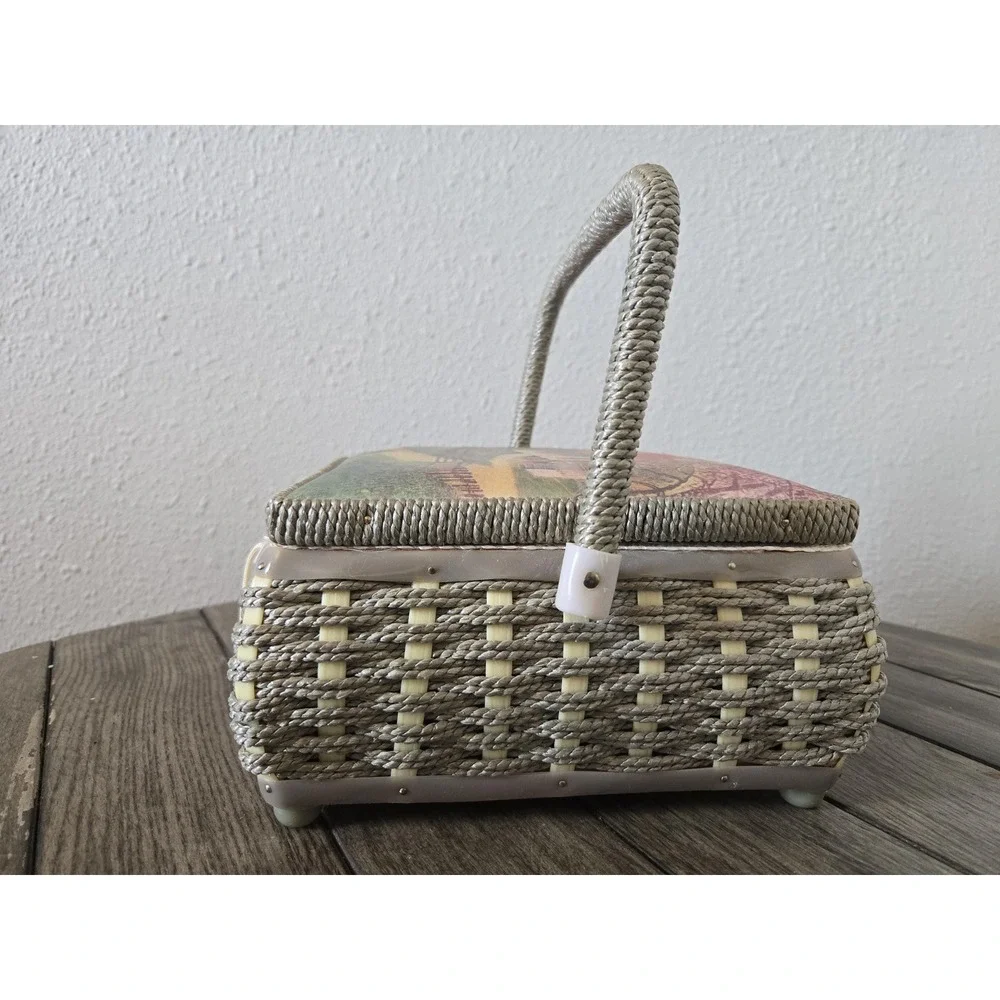 Vintage Woven Wicker Sewing Storage Basket Handled Lined Country Farmhouse Scene